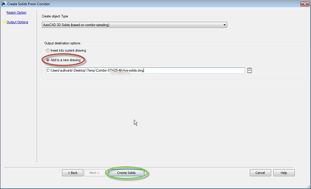 Civil 3d Output Options Create Solids from Corridor