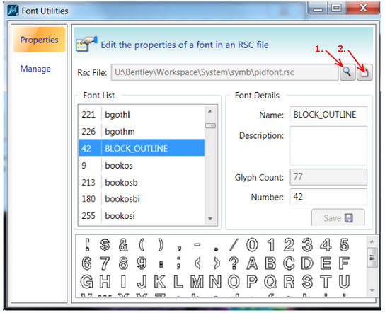 Properties MicroStation Font Utilities