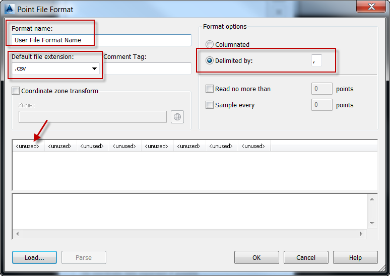 Setting File Format Name, File extension, Delimiter, and Fields