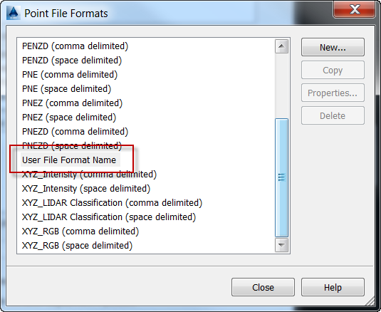 Dropdown List of Point File Formats