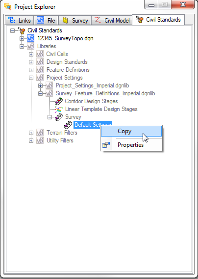 Project Explorer Civil Standards Survey Settings OpenRoads