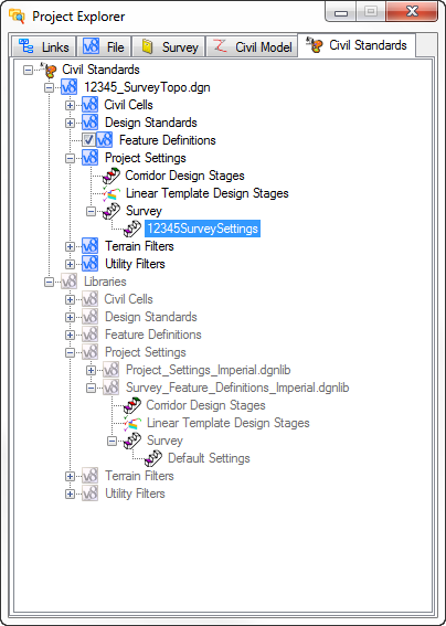 Project Explorer Civil Standards Survey Settings Rename OpenRoads