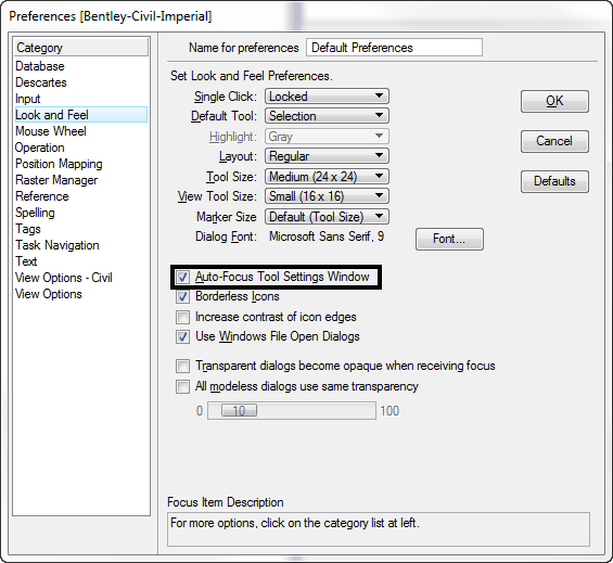 workspace preferences auto focus toolsettings window