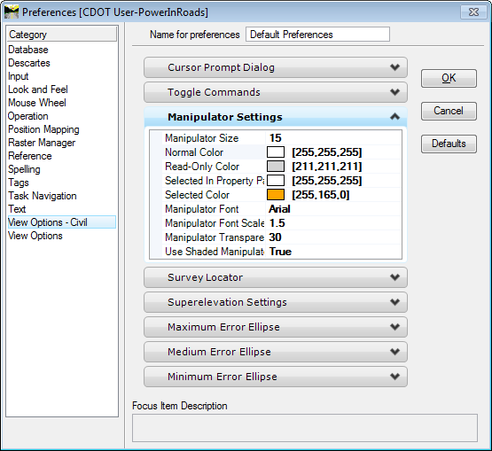 OpenRoads Manipulator Color Preferences Dialog