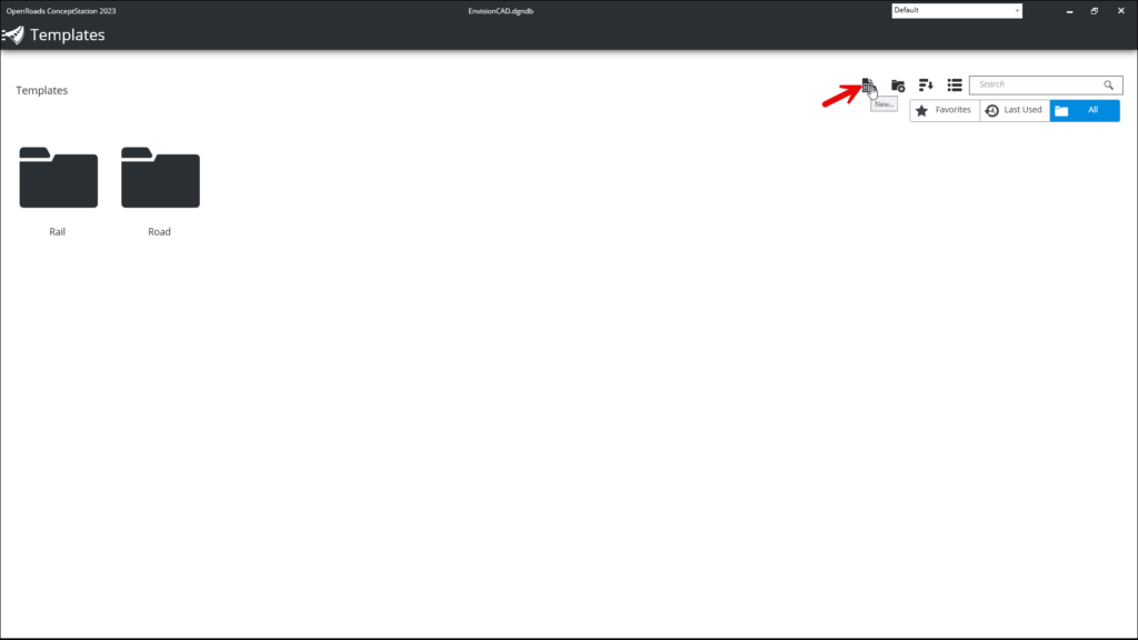 Red arrow pointing to the "New..." icon in the Templates folder within OpenRoads ConceptStation