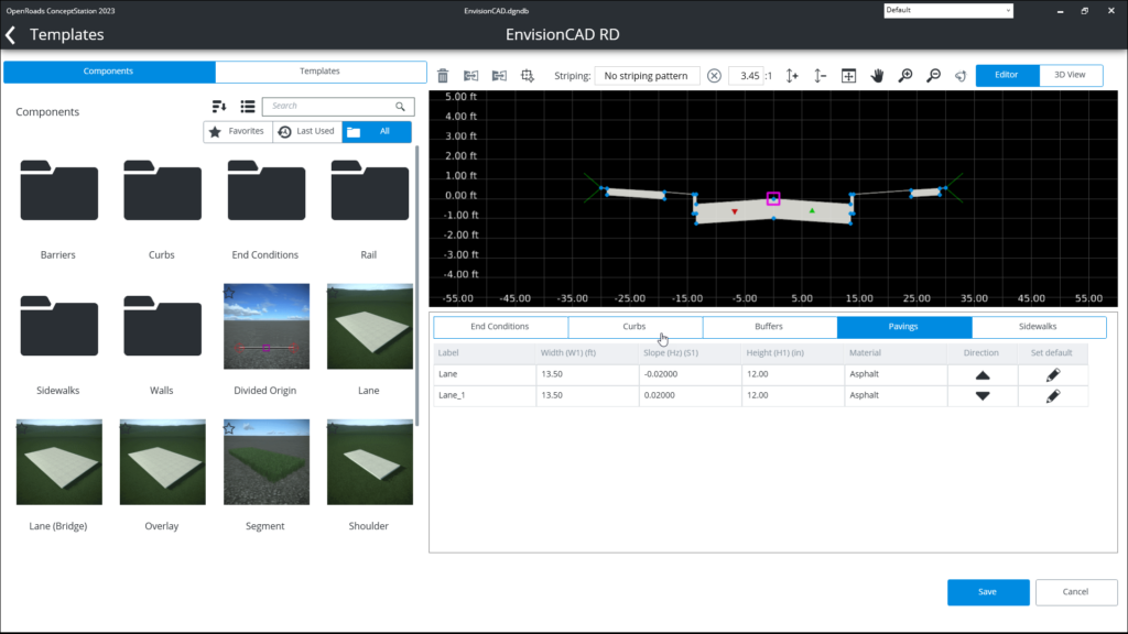 Completed new template with defined parameters and settings in OpenRoads ConceptStation