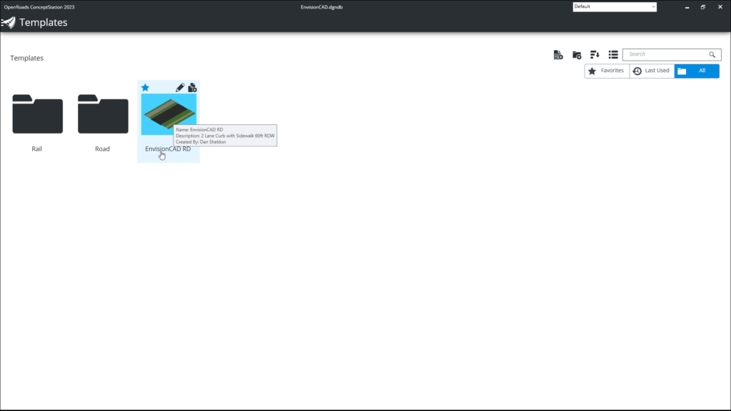 Template set as favorite with a blue star icon within the Templates folder in OpenRoads ConceptStation