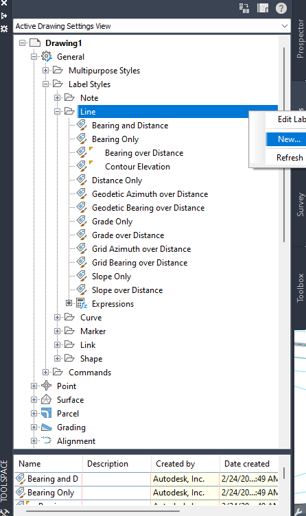 Select New Line in Active Drawing Settings View menu within Civil 3D