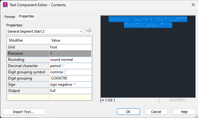 Editing components within the Text Component Editor in Civil 3D