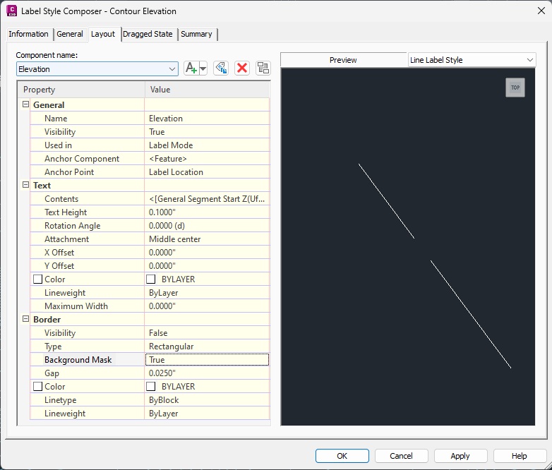 Final settings for the label within Label Style Composer in Civil 3D