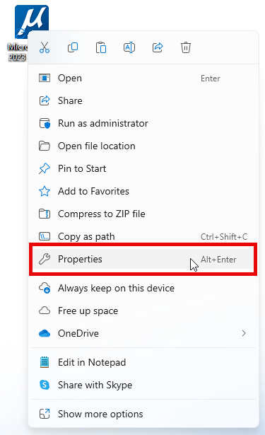 Properties menu in Windows for new MicroStation Restore Defaults shortcut