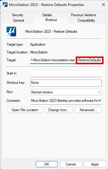 Target text field for MicroStation restore defaults shortcut