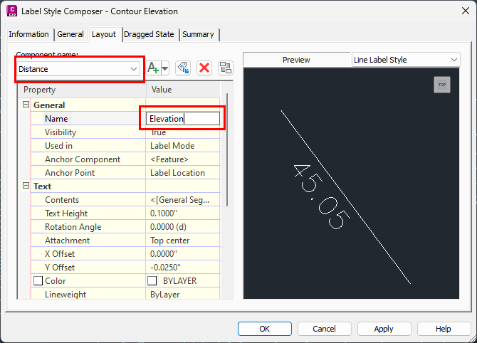Renaming Distance component within Label Style Composer in Civil 3D