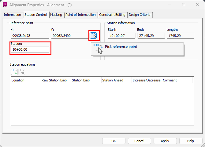 Pick reference point button with station 10+00
