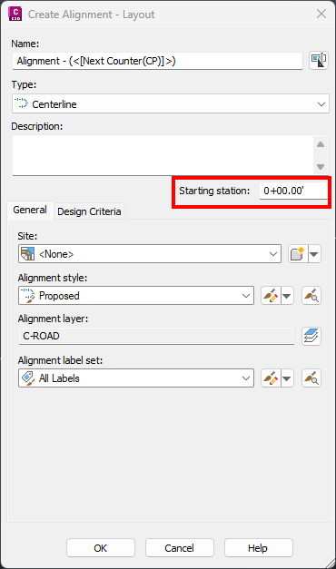 Default starting station alignment of 0+00